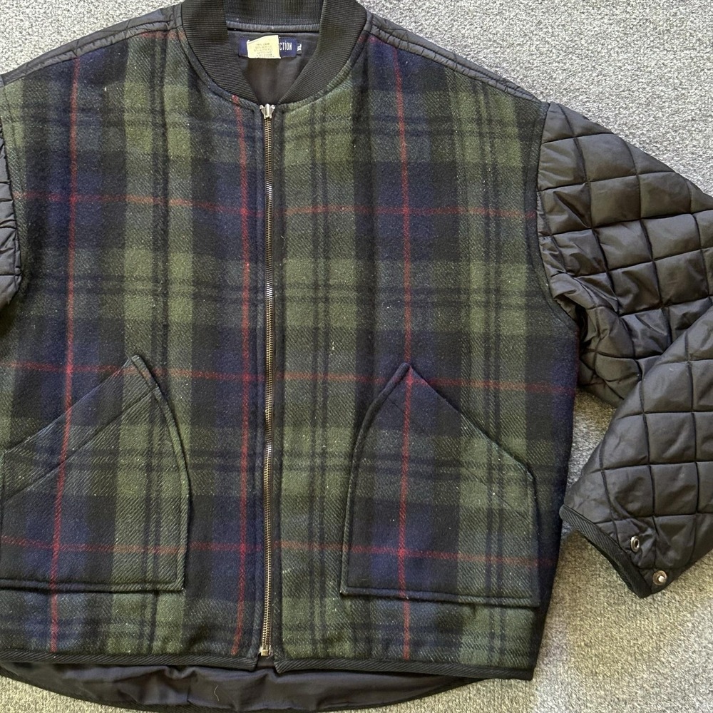 French Connection Jacket Men XL Green Tartan Plaid Wool Quilted Bomber Vintage